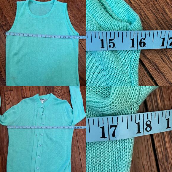 80s/90s Vintage Ms Today Mint Green Pointelle Cardigan Sweater Set Size 2 Pastel - Picture 11 of 16
